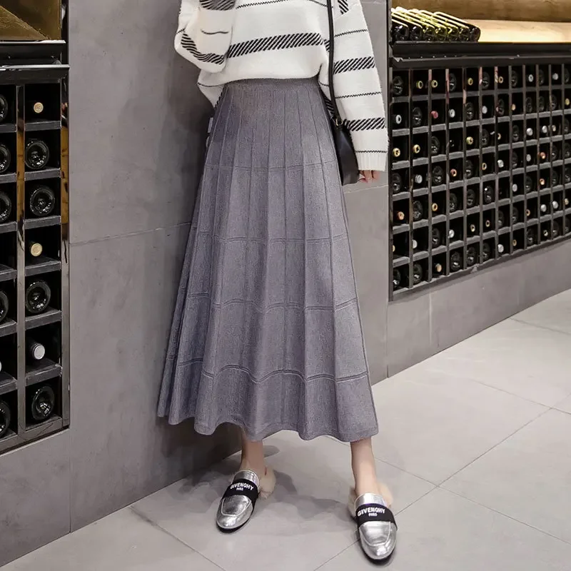 Knitted Skirt for Women Long Pleated Skirt Autumn and Winter Drapey Square, Mid-length Woolen Skirt