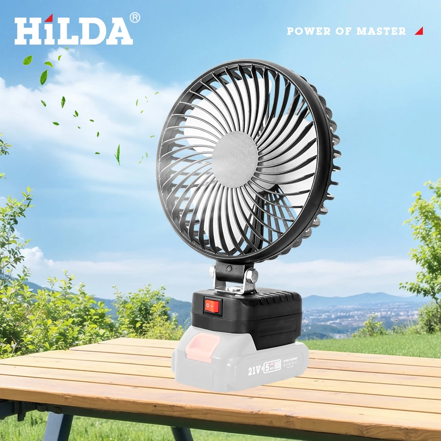 هيلدا مروحة كهربائية ليثيوم سوداء تناسب ماكيتا 21 فولت، شفرة مروحة كبيرة 90 °   تعديل درجة مروحة هادئة محمولة مروحة رياح قوية