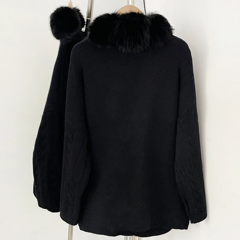 OFTBUY Kabelstrick Loser Warmer Neuer Wintermantel für Damen, Gestrickter Cardigan mit Kunstfuchspelzkragen, Mittellanger Pullover-Mantel für Frauen – Detail 9