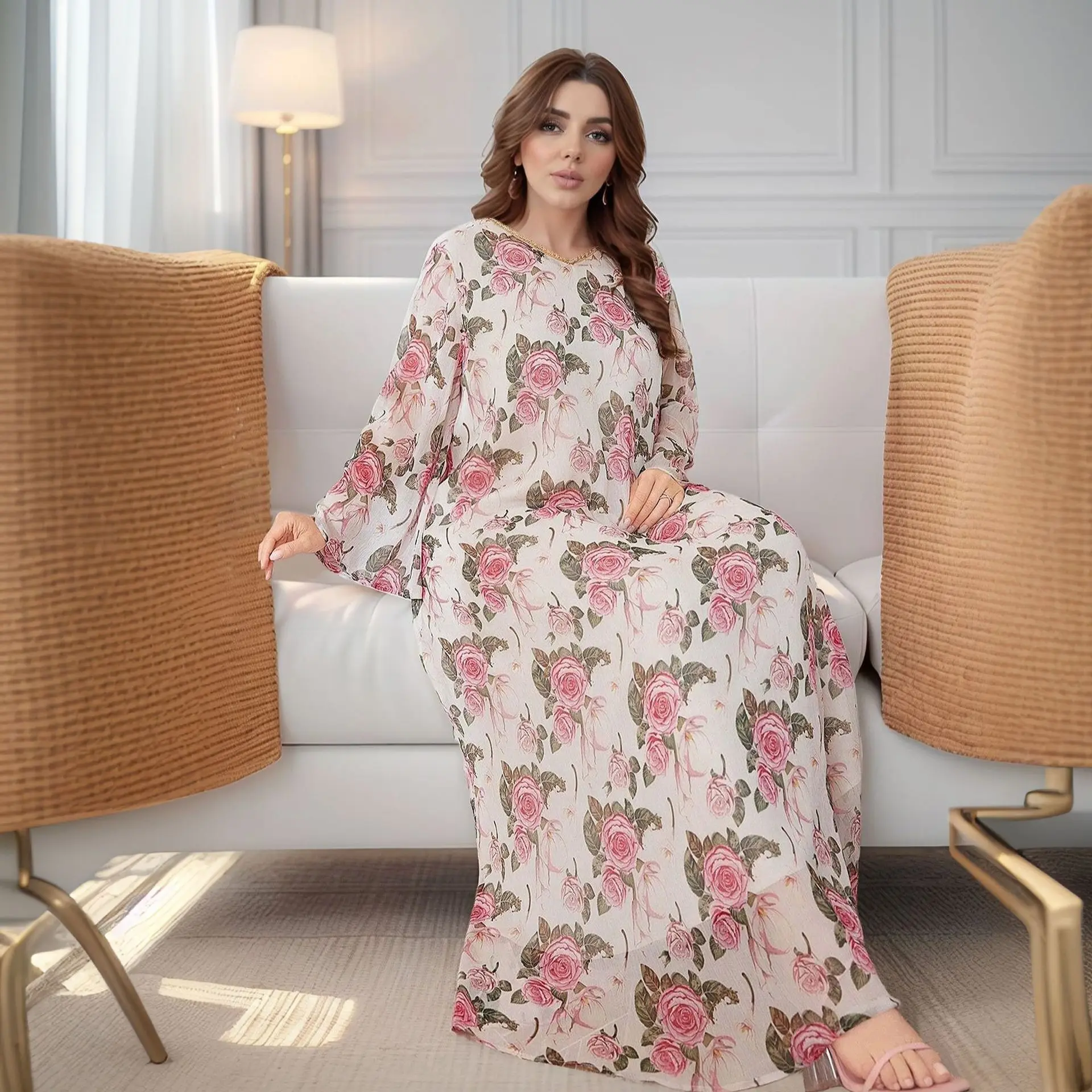 

Muslim Fashion Abaya Dresses Plus Size Women's Middle East Trumpet Sleeve Dress V-Neck Beaded Casual Printed Abayas