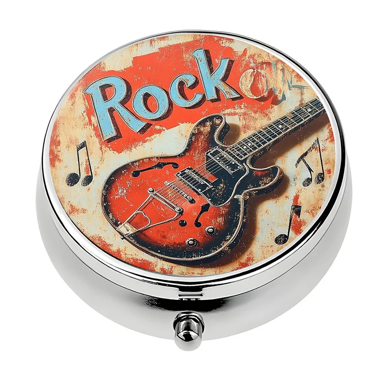 A portable travel pill box with a rock music design, featuring three compartments for organizing medication and vitamins, and made with a decorative metal container
