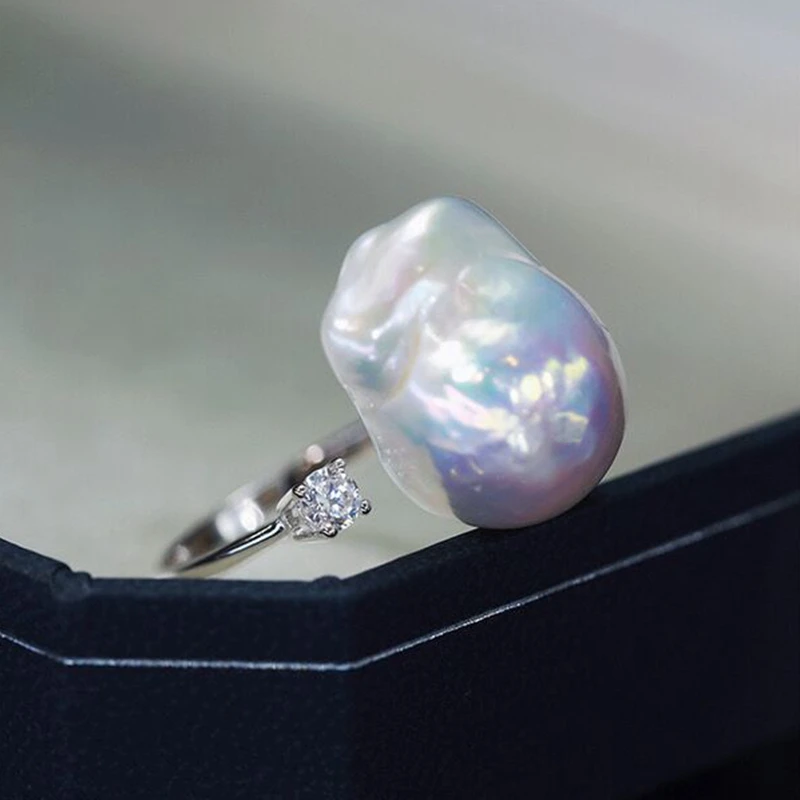 Natural Fresh Water Cold Blue Light Irregular Baroque Pearl Ring Sterling Silver Simple Opening Jewelry Exquisitely Unique Gift