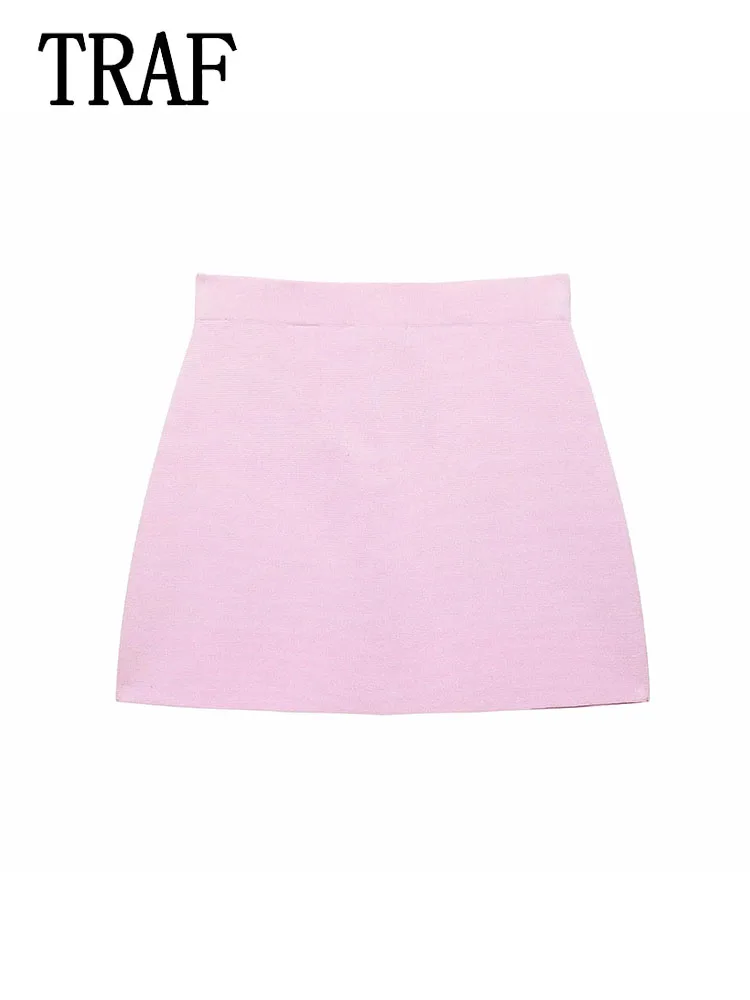 TRAF Gebreide Minirok Sets Voor Vrouwen 2 Stuks 2025 Nieuwe Gebreide Korte Mouwen Vrouwen Pak Casual Tweedelige Set vrouwen Outfit