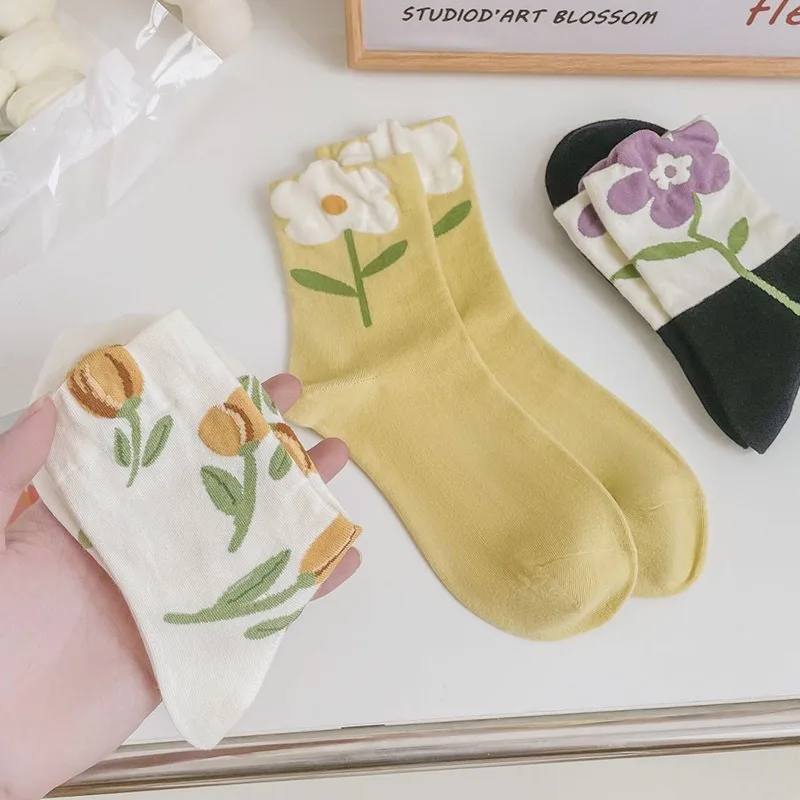 5 pares 3d floral feminino meados de bezerro meias quentes estilo japonês primavera outono casual menina escola meias longas tornozelo mulher 2025