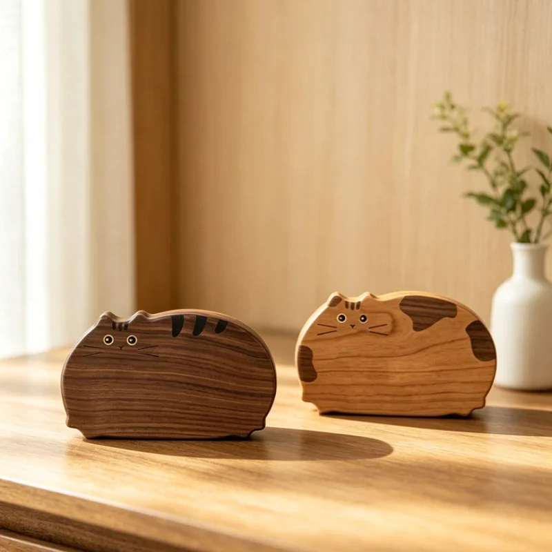 Cute Cat Wooden Jewelry Box Portable Small Trinket Organizer Walnut Storage Case for Earrings Rings Necklace Gift for Birthday
