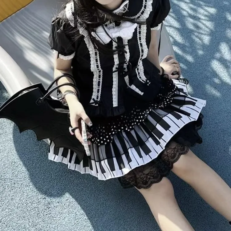 Harajuku Punk Black White Piano Keys Skirts Sweet Lace Ruched Cake Skirt For Women Y2k High Waist All-match Faldas Mujer