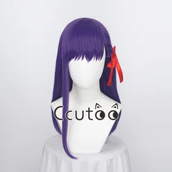 Anime Fate/Stay night Matou Sakura 50cm Half Long Dark Purple Synthetic Hair Cosplay Wig including the red ribbon