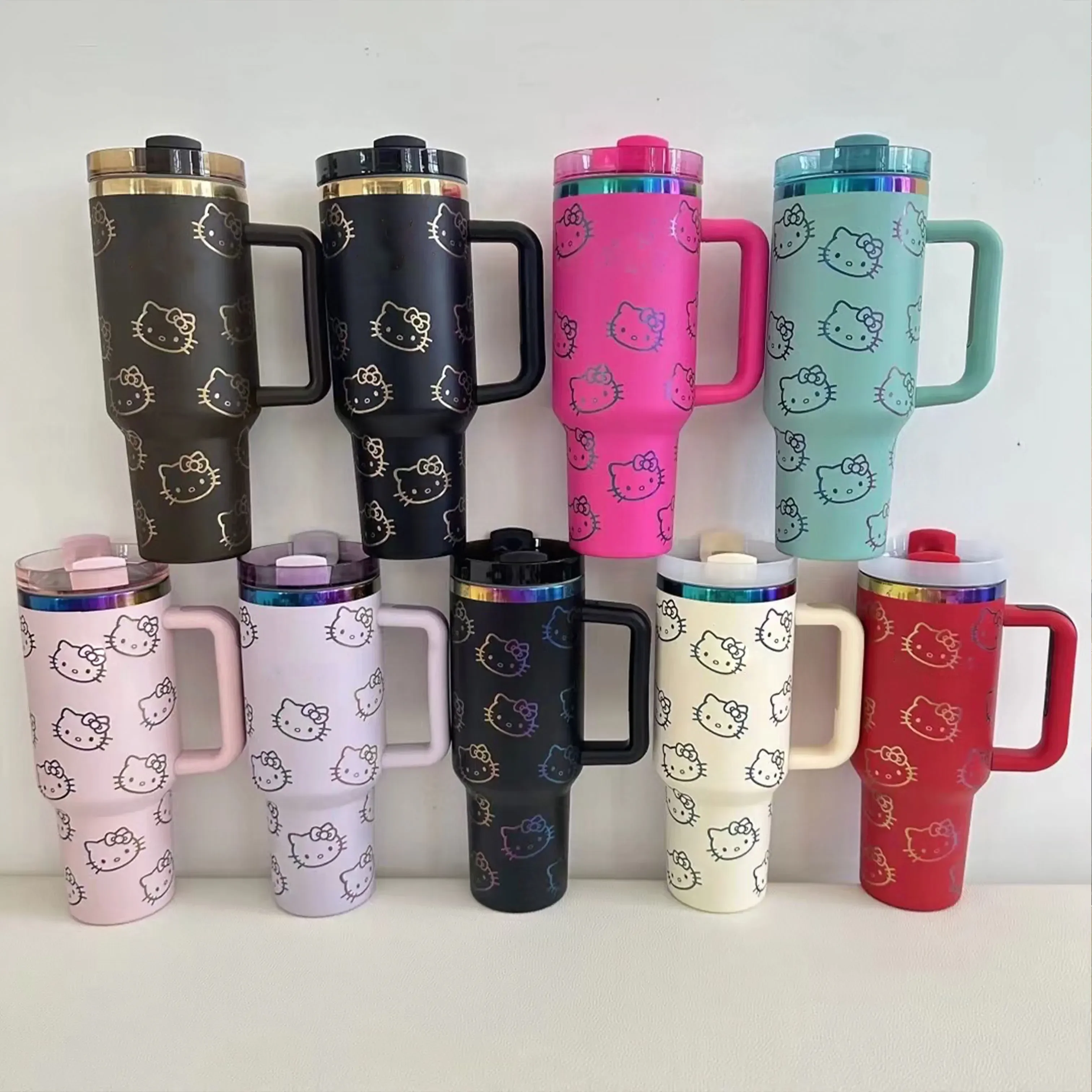 2024 Hello Kitty Handle Straw Lid Stainless Steel 40oz Vacuum Insulated Car Mug Double Wall Thermal Iced Travel Cup.