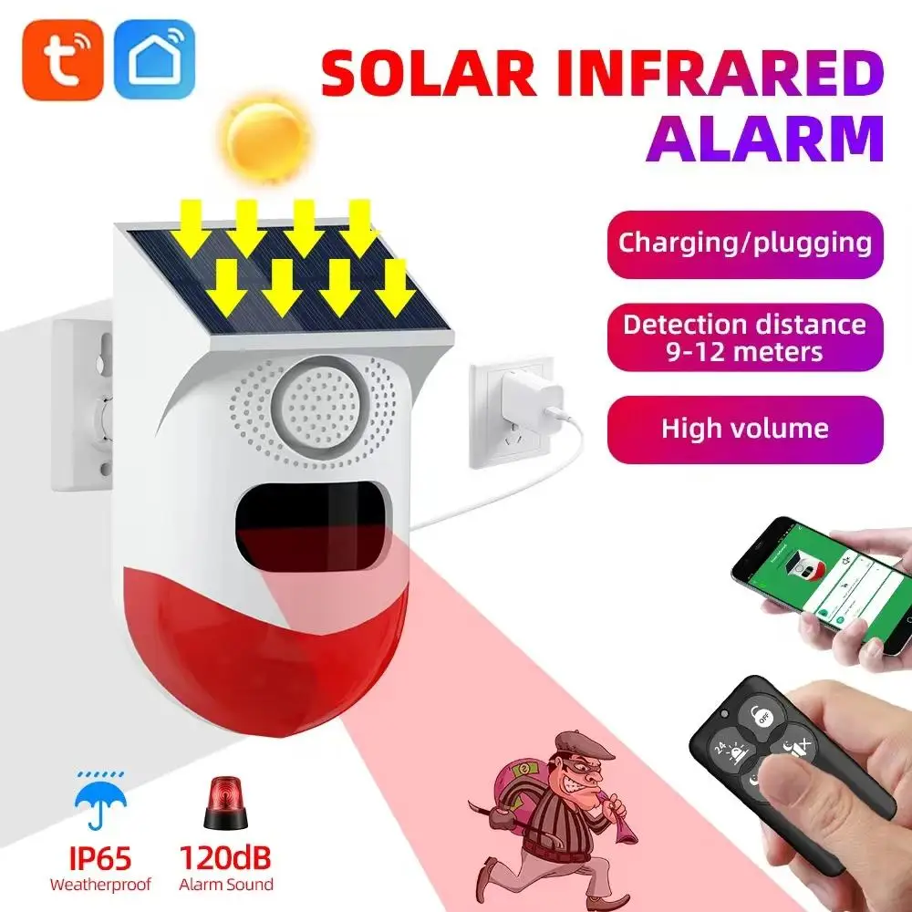 WiFi Outdoor Solar Infrared Alarm Wireless Alarm Home Security Alarm System Waterproof Strobe Siren App Remote Control