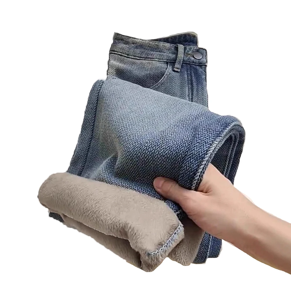 Autumn Winter Thicken Fleece Jeans Women Fashion High Waist Straight Leg Warm Thick Denim Pants Long Solid Commute S-XL Trousers