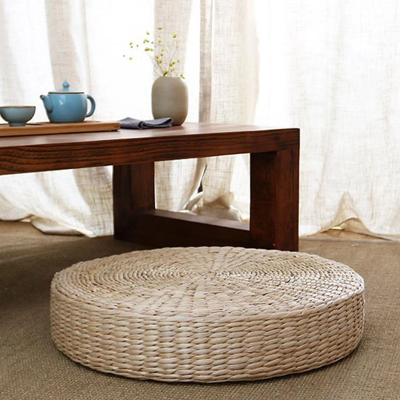 

E5 Handmade Straw Futon Cushion Pony Mat Floor Mat Worship Buddha Bay Window Mat Round Japanese Solid Color Bay Window Pad Mat