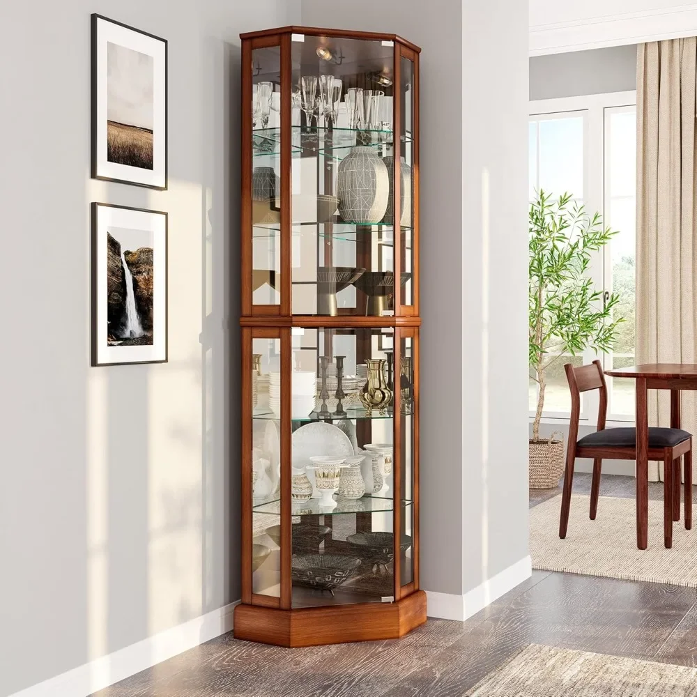 Lighted Curio Cabinet Corner Display Case for Living Room, China Hutch with Tempered Glass Doors and Shelves, Wooden Cabinet