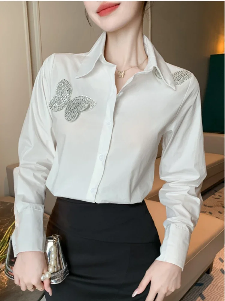 Three-Dimensional Hot Drilling Butterfly White Shirt Women Autumn Base Long-Sleeved Shirt Design Sense Advanced Temperament Top