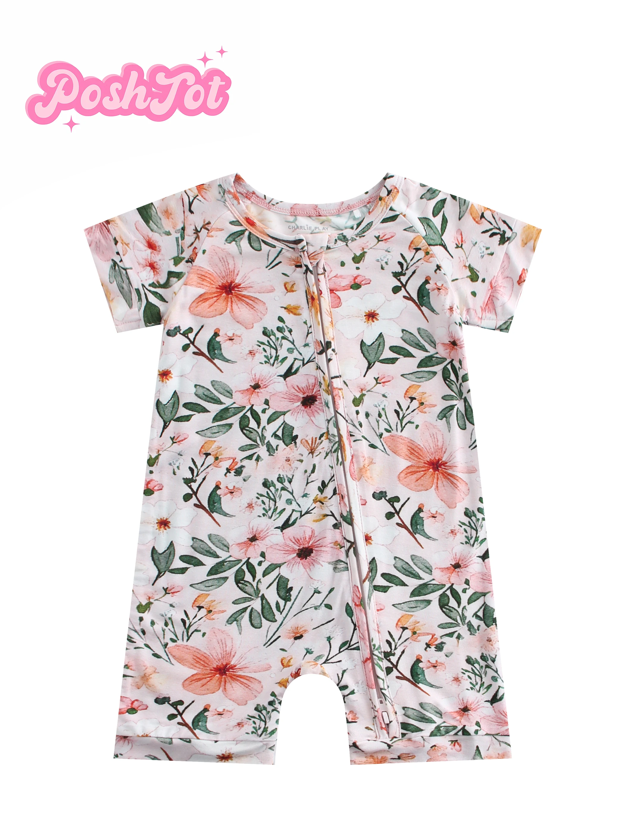 

POSHTOT pink flowers pattern fiber baby short sleeve. Baby pajamas two-way zipper 0-2 years romper. Baby jumpsuit.