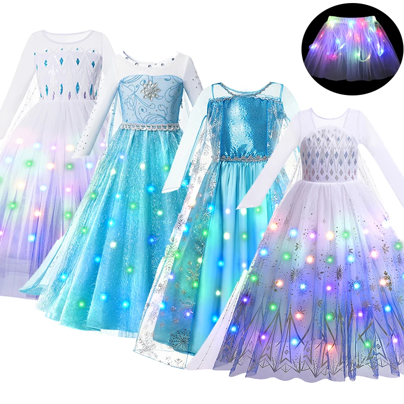 LED Light Up Esa Dresses for Girls Childrens Cosplay Party Clothes Kids Carnival Christmas Party Gown Girls Long Sleeve Dresses