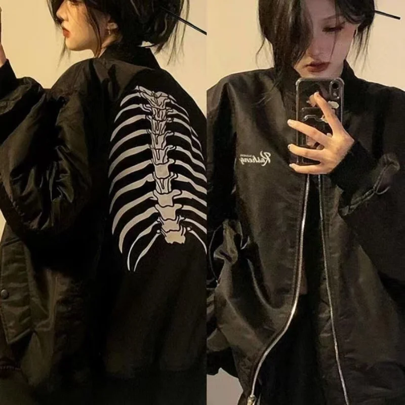 American retro high street skeleton ins dark wind pilot baseball jacket females Y2K couple casual wild sports cardigan jackets