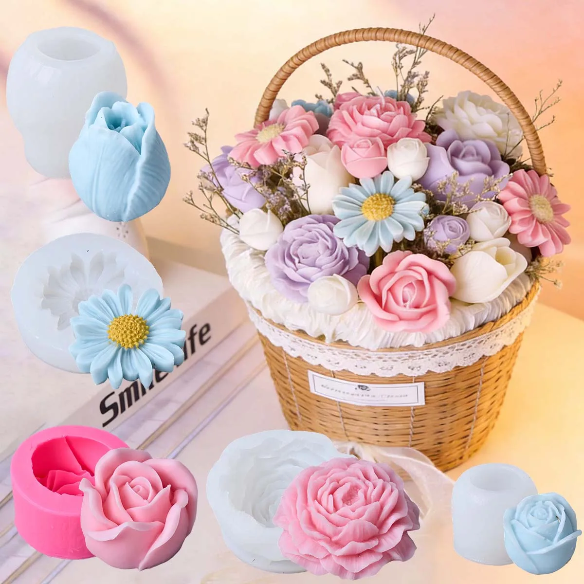 

5PCS Flower Silicone Candle Mold Set DIY Handmade Valentine's Day Craft Gift Mold Rose Tulip Bouquet Making Tools Home Decor