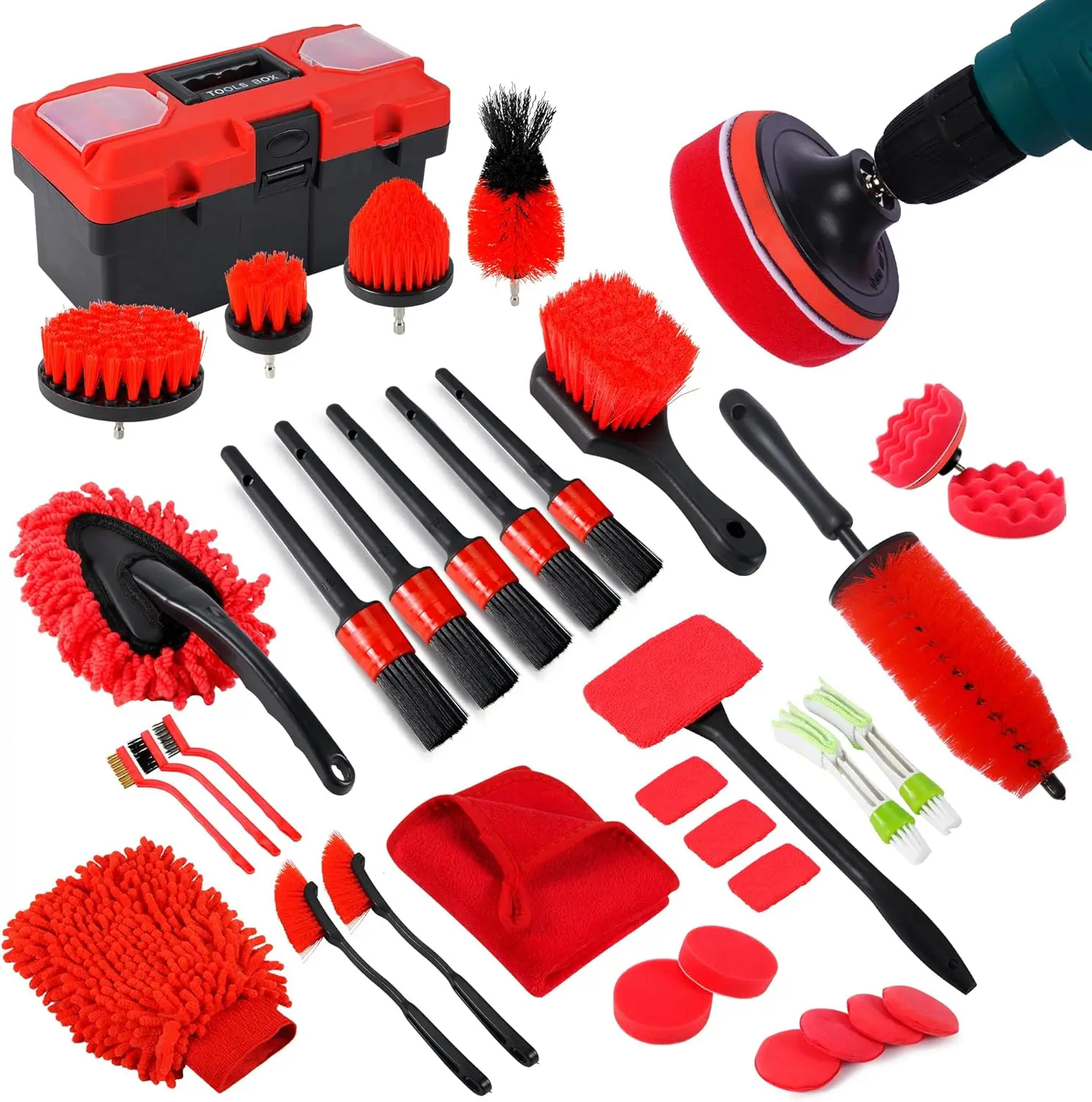 

35-Piece Car Detailing Kit – Windshield Tool, Wheel Brush, Angled Brushes, Polishing Pads & Wax Pads in Red Tool Box