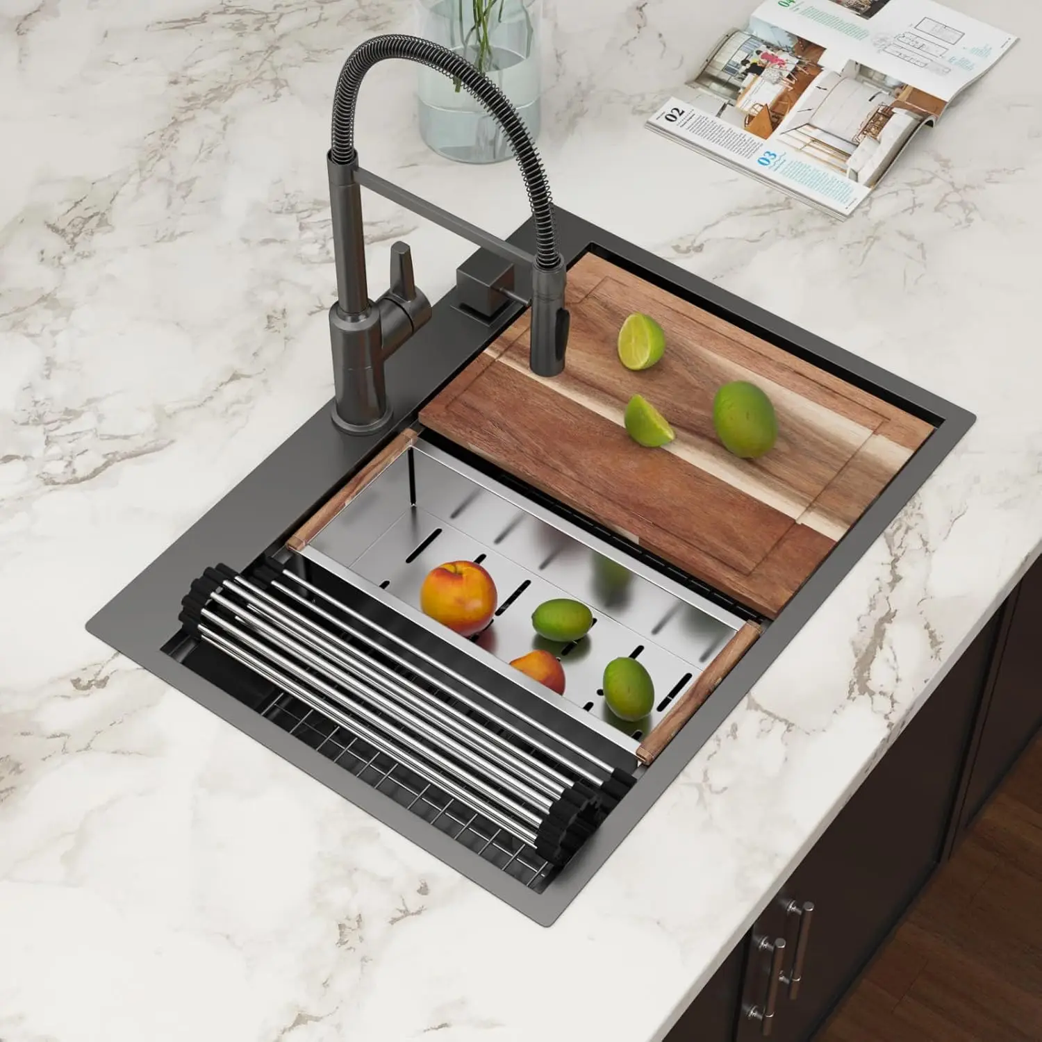 

Кухонная мойка-рабочая станция 30x22, черная, встраиваемая, из нержавеющей стали 16 калибра, с одной чашей, с покрытием Nano PVD, цвет Gunmetal Black