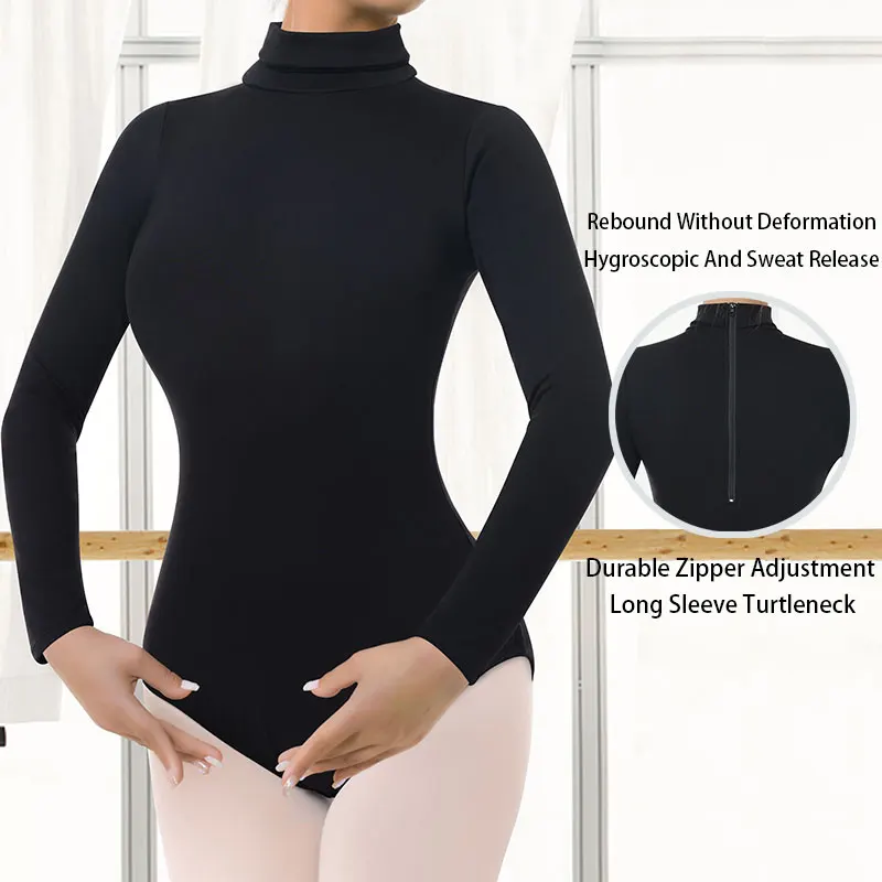 

Женский черный гимнастический купальник с высоким воротником и длинными рукавами для балета и танцев, с застежкой на кнопках и молнией сзади