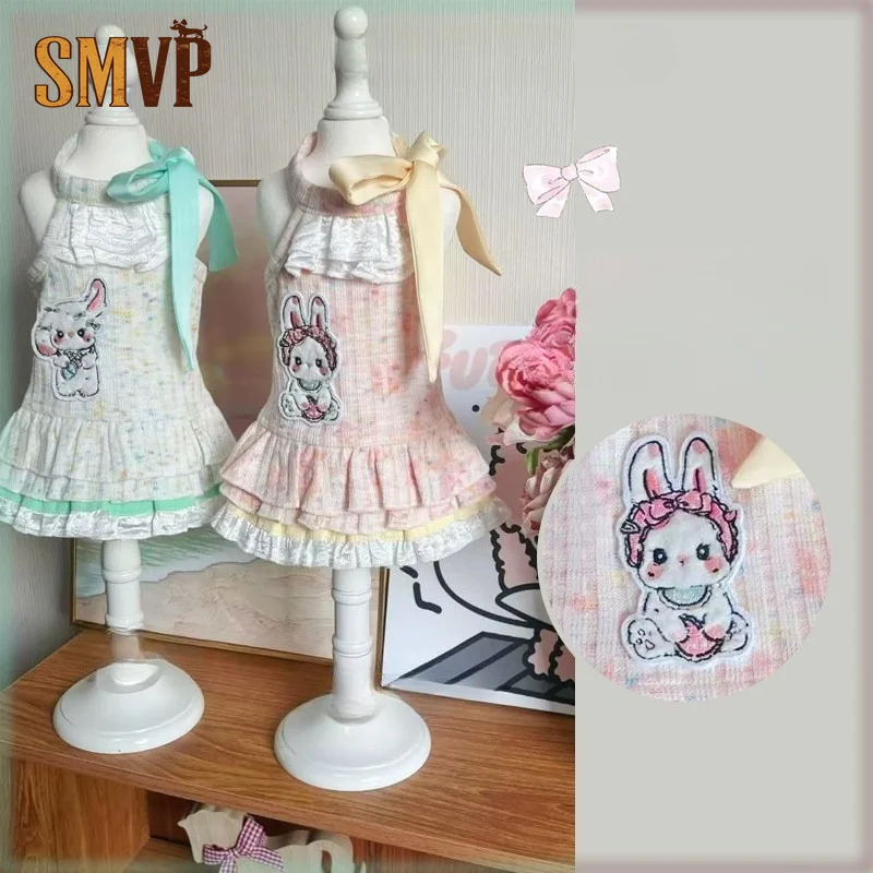 Pink Mint Green Floral Rabbit Embroidery Pet Halter Dress Neck Tie Decor Ruffle Hem Breathable Summer Sling Dress Pet Clothes