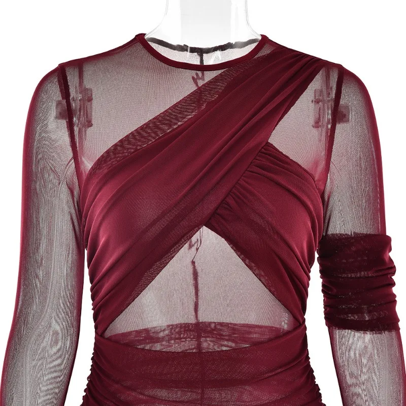 Sheer Mesh Patchwork Geraffte Bodycon Maxi Party Kleid Frauen Sexy Durchsichtig Oansatz Volle Hülse Dünne Clubwear Urlaub Lange Robe