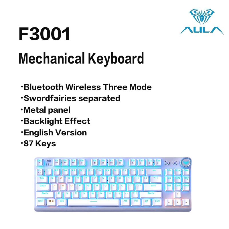 AULA F3001 Mechanical Keyboard Bluetooth Wireless Three Mode Metal Panel Two-color Injection Molding Cool Backlight Effect 87Key