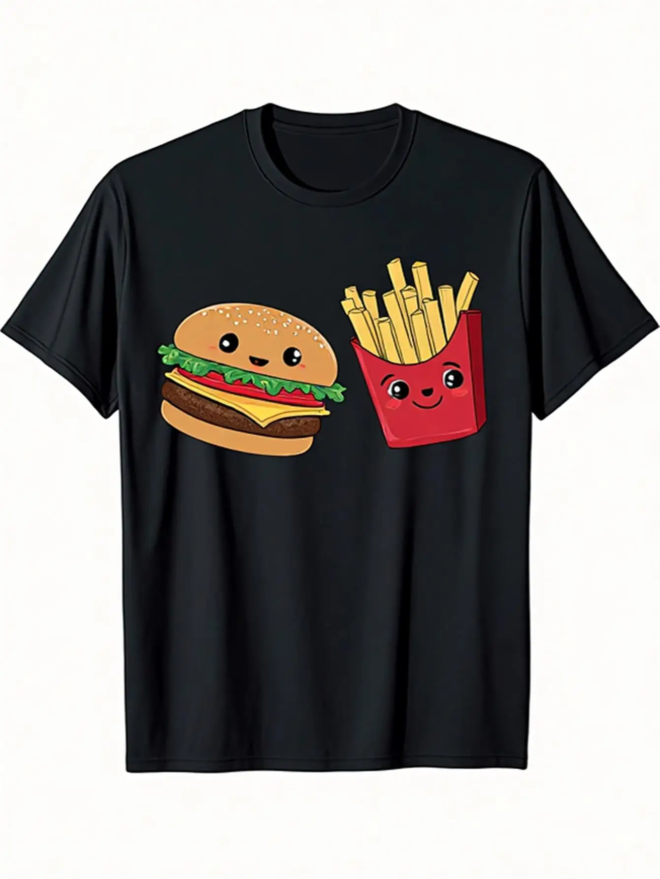 

Men's Fun Fast Food Graphic T-Shirt, Soft 100% Cotton, Black Casual Short-Sleeve Shirt with Smiley Burger and Fries Design, Loose Fit Suitable for Burger Lovers, Halloween and Everyday Wear, Machine Washable, Ideal Gift for Men