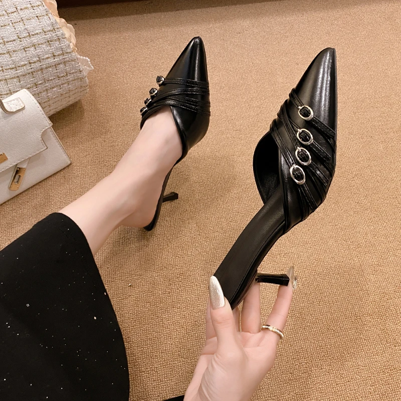 

New Style Fashion Summer Women's High Heels Sexy Cusp Black Stilettos Fashion Design Open Mules Solid Color High Heels Women