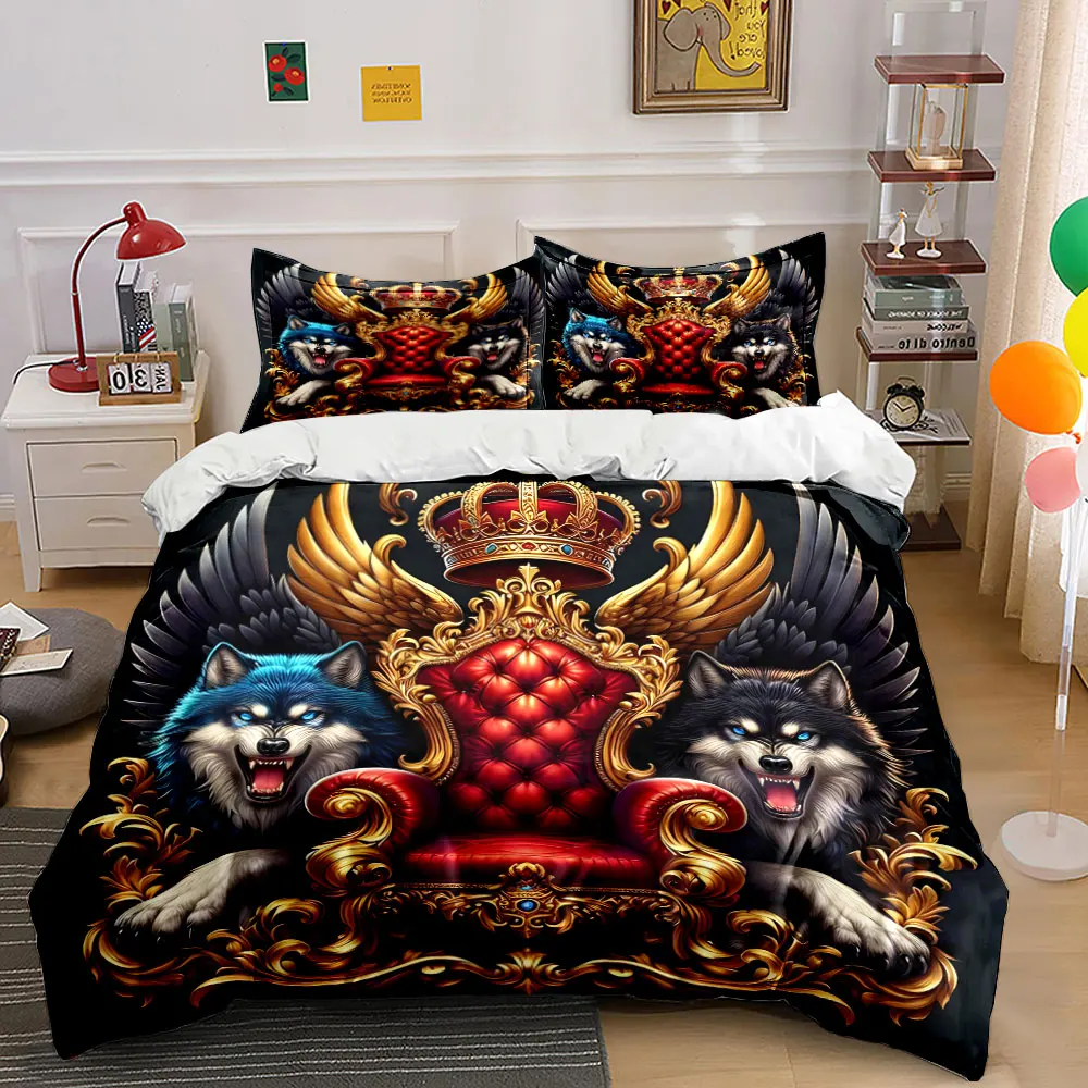 Two wolves guarding golden throne Print Soft Comfortable Duvet Cover Bedding Set Included 1*Duvet Cover 2*Pillowcases
