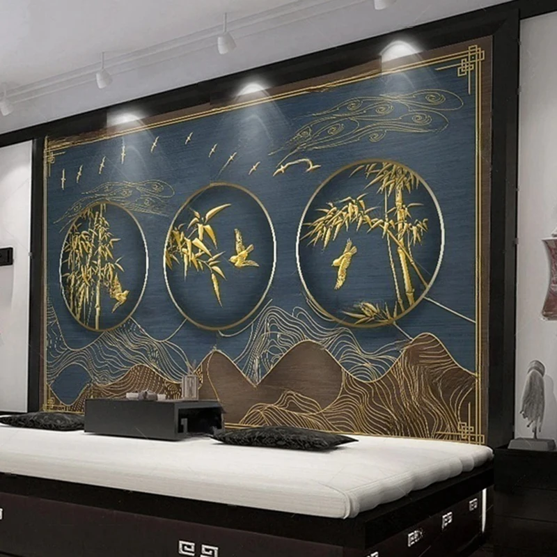 MU8746 nouveau paysage de ligne de relief de luxe léger de style chinois, forêt de bambou, mur de fond décoratif d'oiseaux volants de bambou