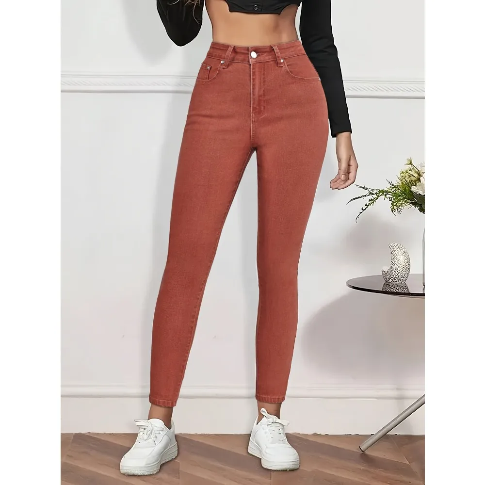 Women's mid-waist, slim and western style flat nail design, little women's feet rouge pink jeans.