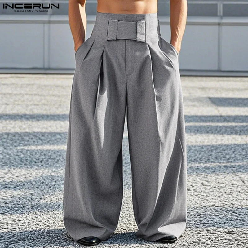 INCERUN American Style Trousers Stylish Mens Solid High Waisted Design Pant Casual Well Fitting Male Hot Sale Wide Leg Pantalons