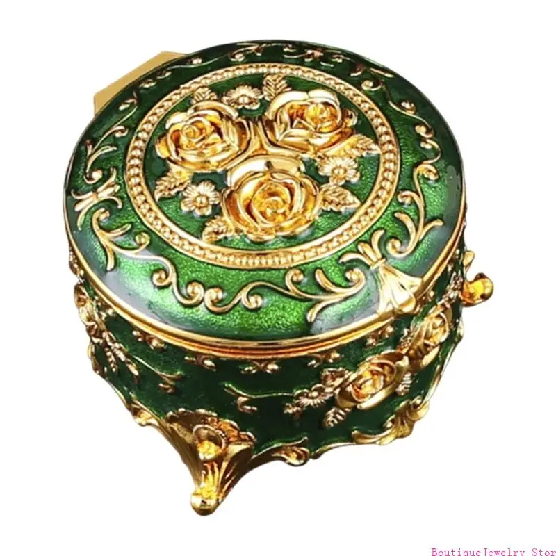 E1PE Vintage Styles Floral Enamel Metal Rings Earring Necklace Organizers Box