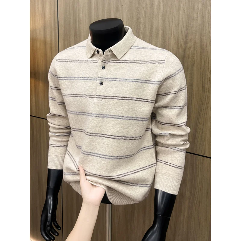 QICHE 2026 New Men Collared 100% Pure Wool Knit Sweater Autumn Winter High End Luxury Warm Casual Base Layer Knit Top