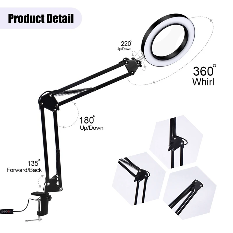 LED USB Desk Lamp Electronic Maintenance Light LED Folding Cantilever Bracket Adjustable With 5X LED Magnifying Glass (M)