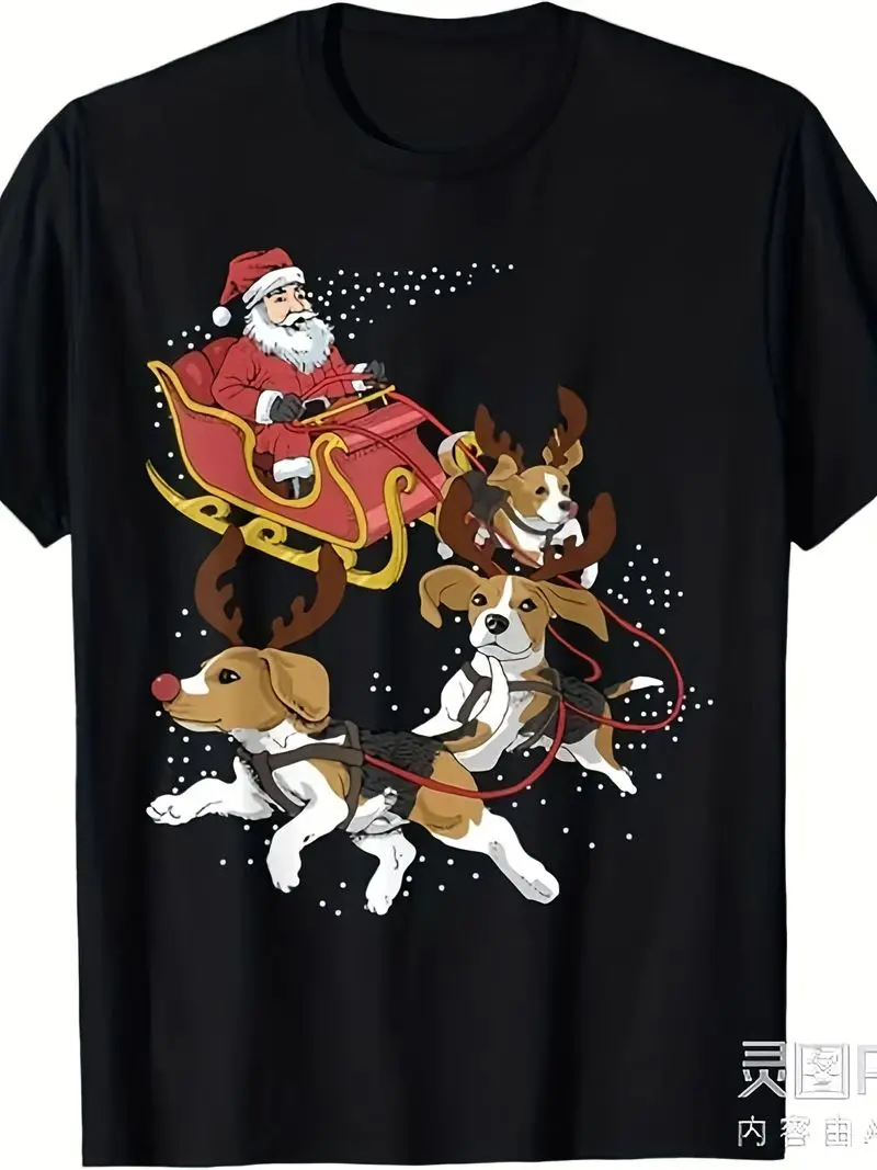 Funny Beagle Christmas T-Shirt For Dog Lovers Beagle Puppies Santa Sleigh Design Unisex Cotton Tee 220Gsm Heavyweight Casual