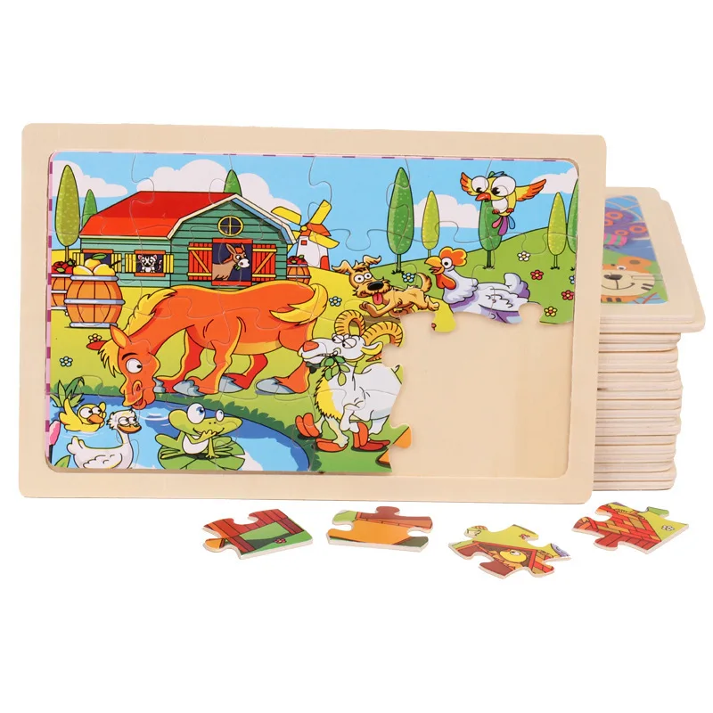 New 24 Pieces Wooden Puzzles Kids Cartoon Animal Wood Jigsaw Early Educational Learning Toys for Children GIFT