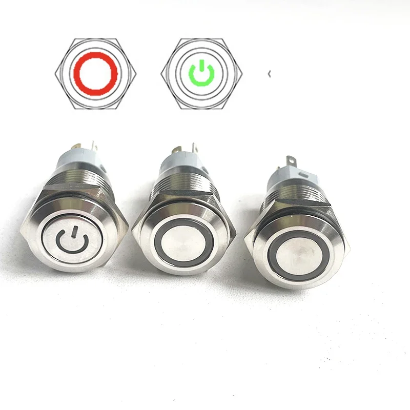 16mm 12V Self-locking Latching Stainless Steel Push Button Switch On Off with 12V LED Angel Ring Head for 0.63