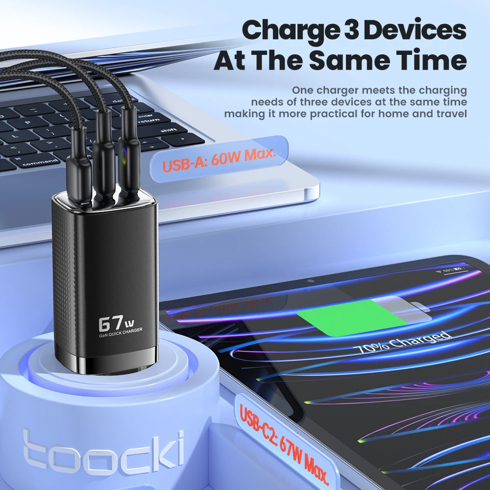 Toocki 67W GaN USB Charger for Laptop Dual Type C and USB PD3.0 QC4.0 High-Speed Charging Charger for iPhone 15 Pad Pro Xiaomi12