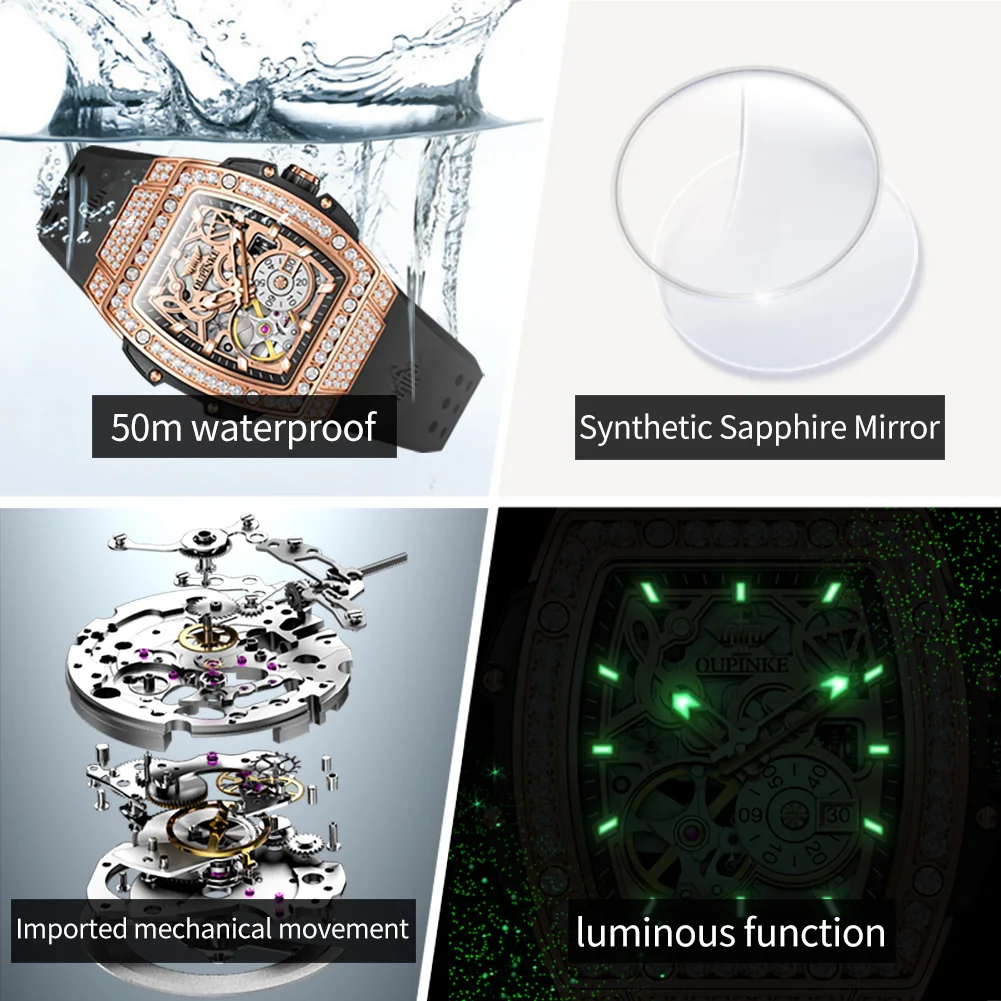 OUPINKE Full Diamond Elegant Luxury Women's Watch Original Automatic Mechanical Watch Women's Black Silicone Strap Waterproof