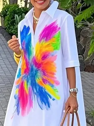 Mini abiti stampati da donna estivi 2026 Nuovo colore a contrasto risvolto abbottonato semplice casual vacanza abito camicia a trapezio per donna