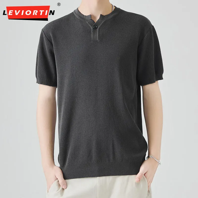 Men's summer thin style vintage style fashionable versatile solid color slim fit semi open neck knitted short sleeved T-shirt