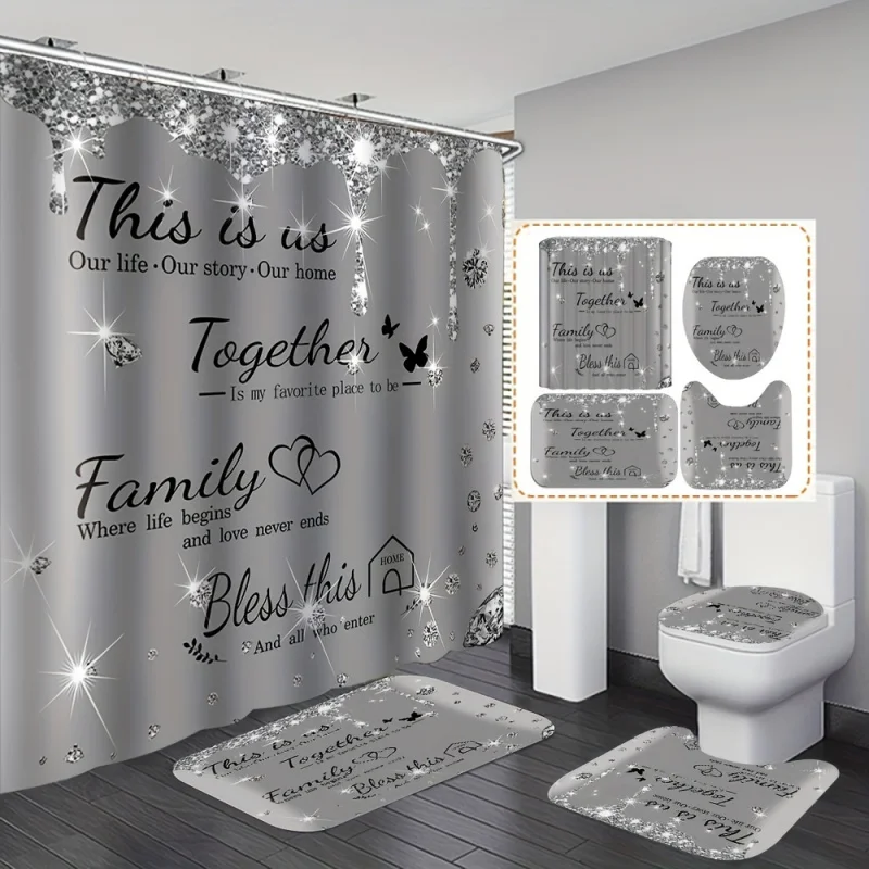 Luxury Grey 4PCs bathroom set: sparkling diamond letter print shower curtain with non-slip mats, toilet lid cover-waterproof & M