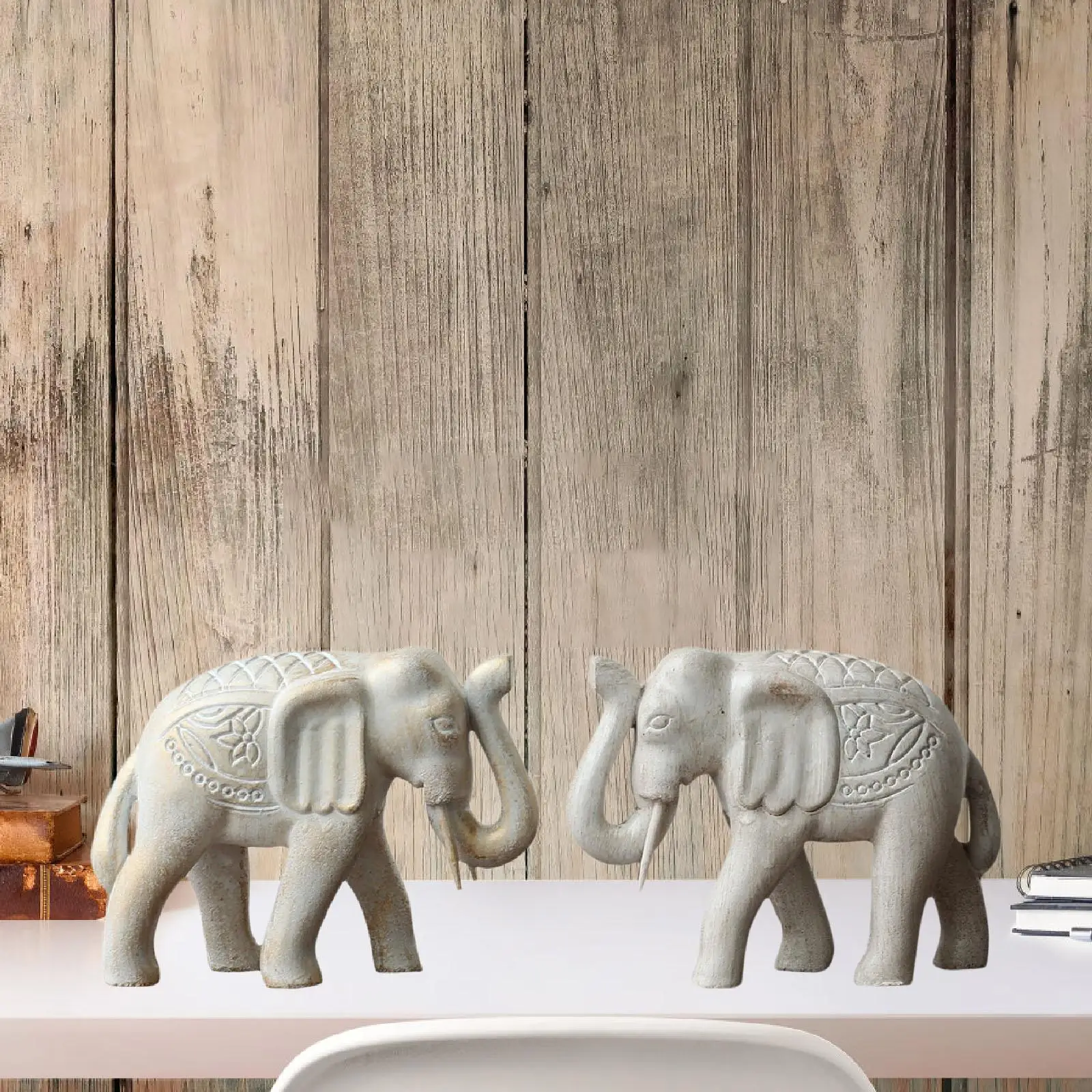 

2Pcs Wood Elephant Statues Elephant Sculptures Decorative Handcrafted Elegant