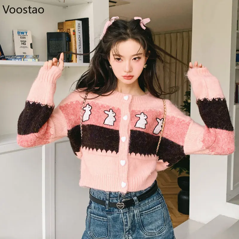 Y2k moda Kawaii Bunny sweter dziergany wiosna kobiety słodki O-Neck paski luźny sweter płaszcz jesień kobiet Chic dzianiny topy