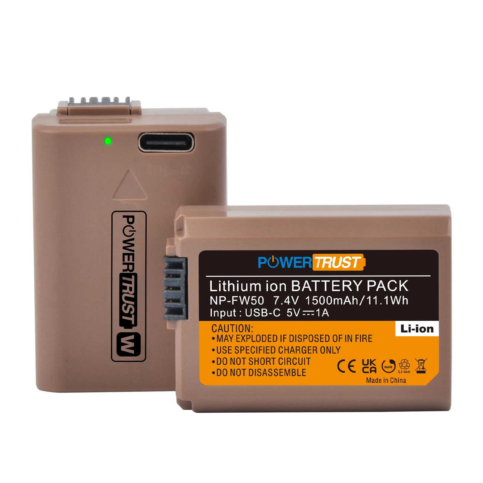 PowerTrust NP-FW50 Battery with USB-C Fast Charging Port for Sony ZV-E10 A6000 A6300 A6400 A6500 A5000 A7R A7RII A7II A7SII