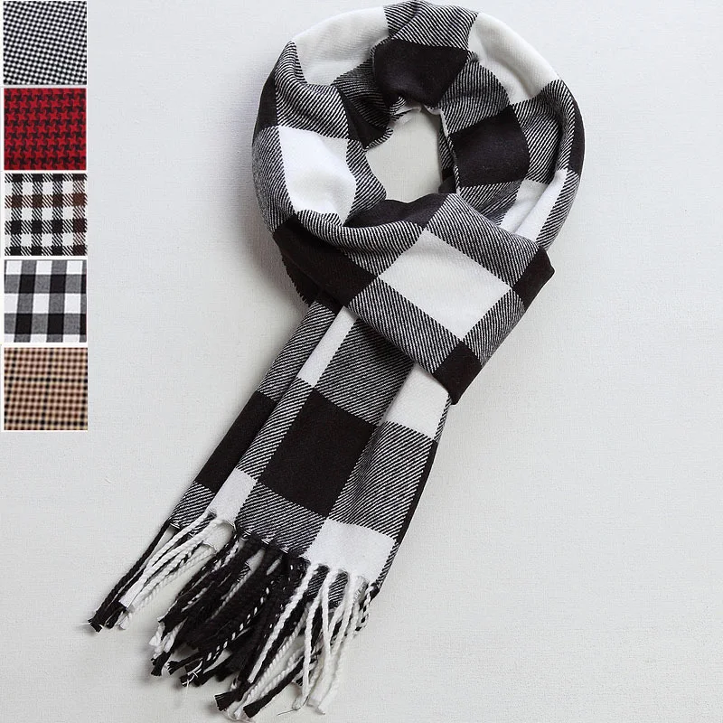 Unisex Winter Fall Thick Warm Classic Plaid Houndstooth Fringe Long Scarf Men Women Faux Fleece Fashion Scarve Accessories