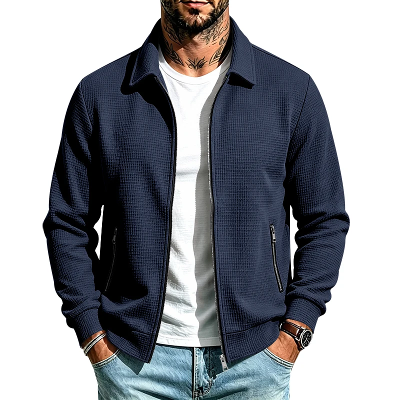 Herren Frühlings- und Herbstjacke aus Waffelstrick mit Reißverschluss, lässig, locker, leicht, mit Kragen, für den Alltag. – Detail 33