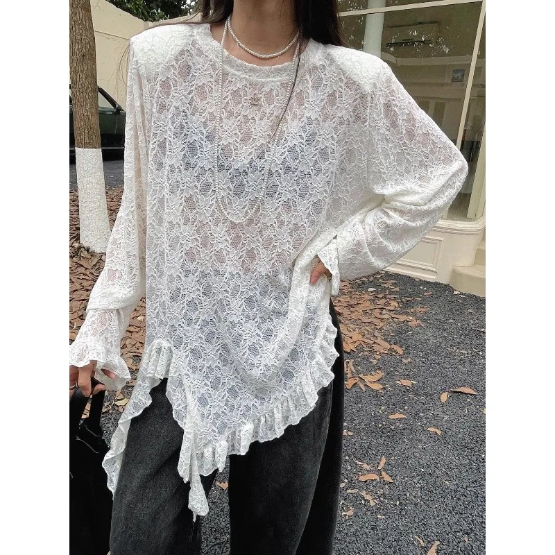 Long-sleeved Lace Shirt Women's Early Autumn 2026 New Inner Thin Bottoming Shirt Design Sweet and Spicy Slightly Transparent Top